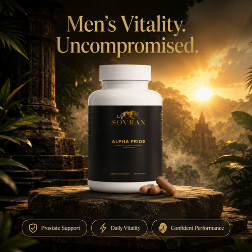 Sovran Alpha Pride men's prostate support supplement on a jungle stone platform at golden sunrise