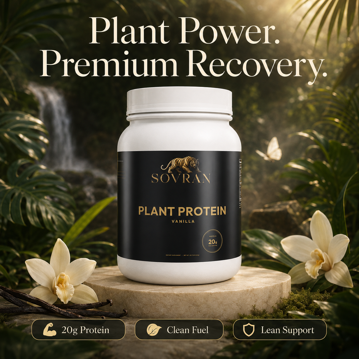 Sovran Plant Protein Vanilla supplement in an ivory botanical jungle