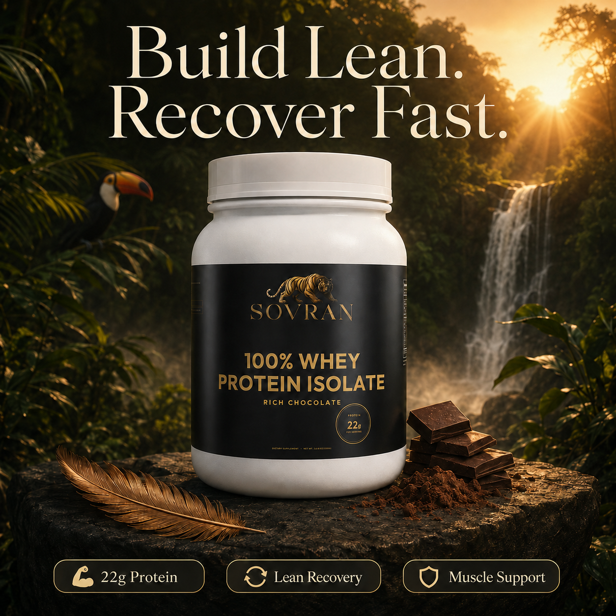 Sovran 100% Whey Protein Isolate supplement by a jungle waterfall